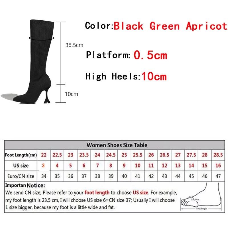 Liyke New Fashion Knee-High Green Knitting Stretch Sock Boots For Women Party Pointed Toe Strange Heels Winter Long Shoes Female