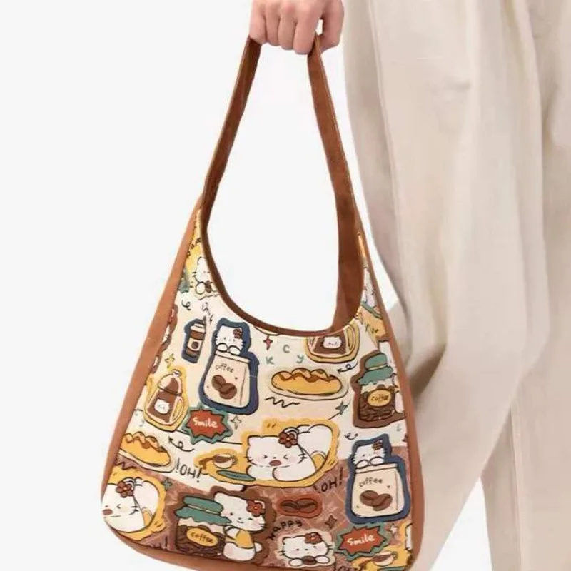 Women's Cute And Sweet Cat Coffee Pattern Large Capacity Casual Canvas Bag, Miscellaneous Goods Shopping Bag