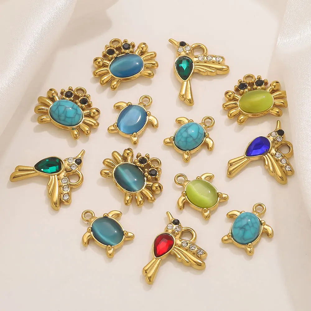 

3pcs/lot Stainless Steel Crystal Cat's Eye Stone Sea Crab Turtle Bird Charms DIY Women's Earrings Necklace Bracelet Wholesale