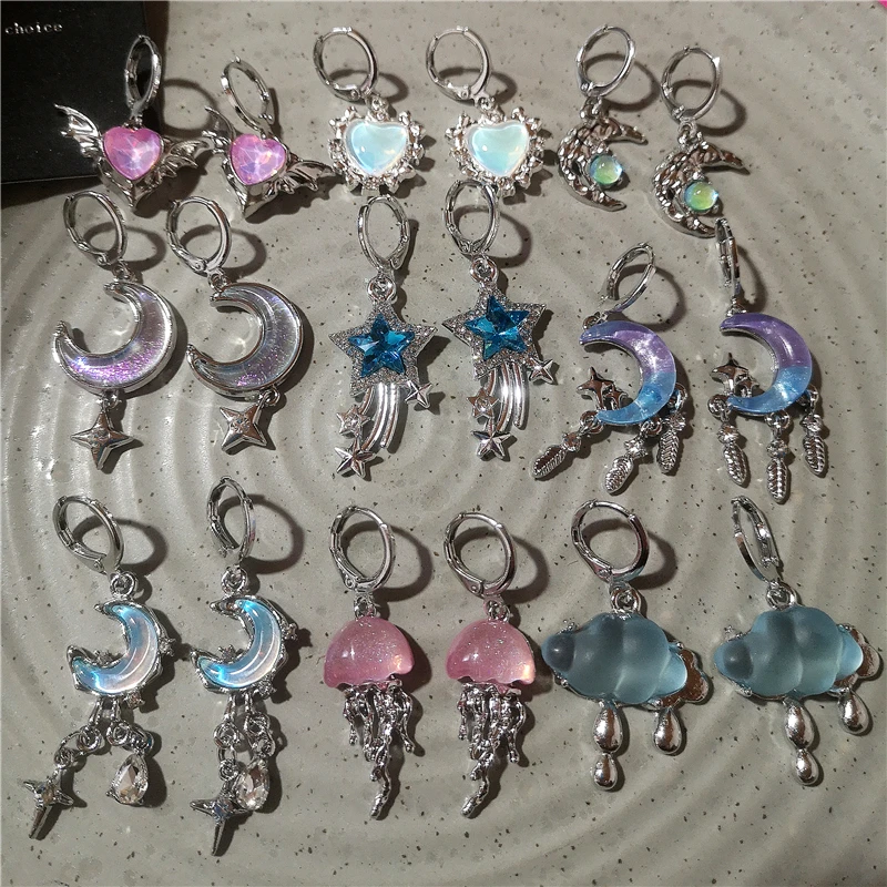 Y2K lindo Harajuku Rosa medusas nube exquisito cristal azul estrella Luna colgante pendientes para niña estética Y2K joyería Vintage