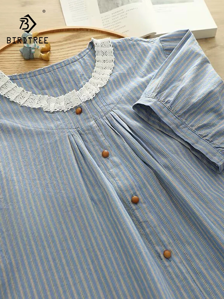 

New 2026 Summer Women Cotton Short Sleeve Shirt, Stand Striped Lace, Mori Girl Japan Style Commute Thin Loose Blouse T65798CC