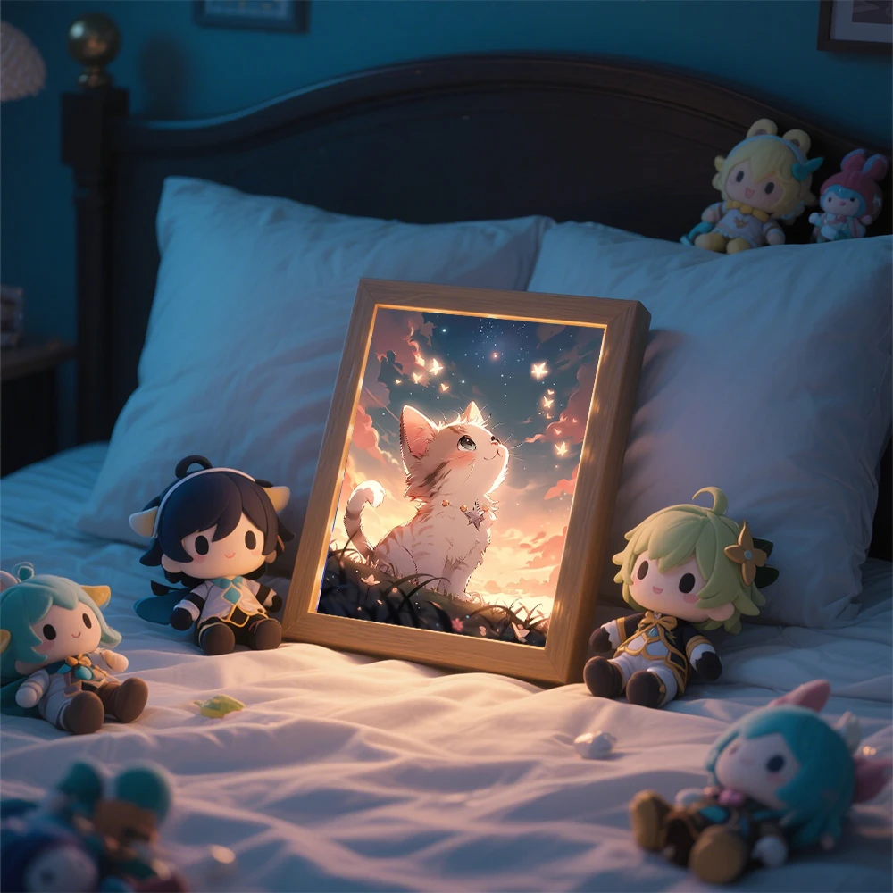 

Cute Cat Starry Night Light Painting Picture Frame Led Lights Usb Plug Dimmable Table Lamp For Kids' Bedroom Home Decor