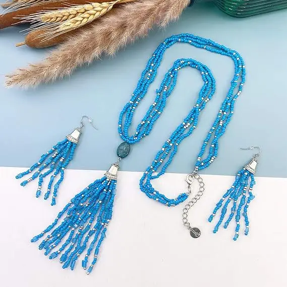 الرجعية مطرز شرابة طويلة قلادة أقراط للنساء الفاخرة مهدب سلسلة مجموعة البوهيمي مجوهرات العرقية متعدد الطبقات طوق المختنق #4