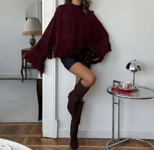 

Brown Chiffon Small Stand Up Collar Ruffle Flared Sleeve Shirt, 2025 Spring/summer Fashion New Top for Women