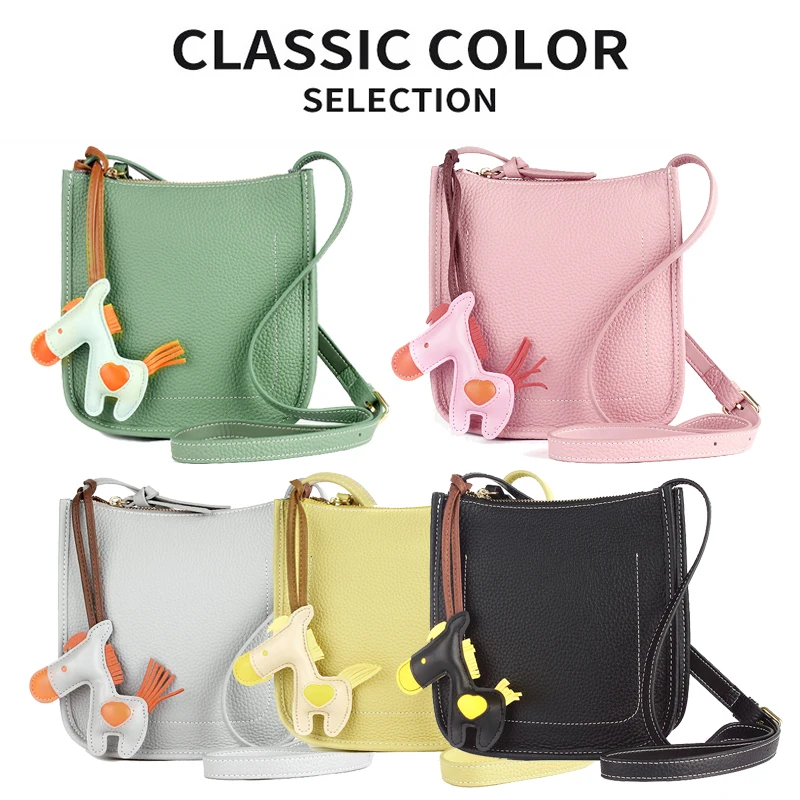 2025 New Women\'s Genuine Leather Shoulder Bag Female Fashion Simply Messenger Leisure Solid Color Bucket Bag For Ladies