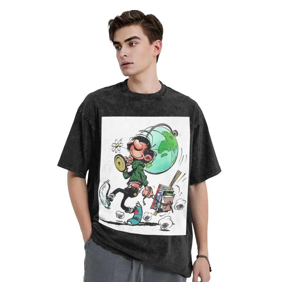 Gaston Lagaffe Washed T Shirts Casual Short Sleeve Hip Hop T-Shirt Streetwear Tops Tees for Men Women