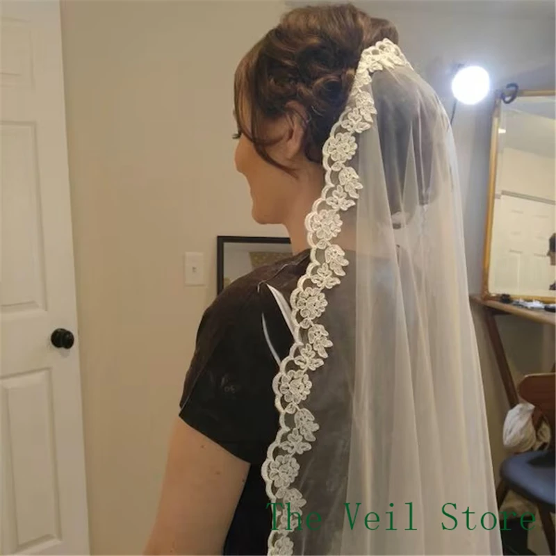 

Длинная короткая свадебная фата Mantilla Chantilly, тюль белого цвета слоновой кости, аксессуары для невесты, кружевная отделка, испанский церковный собор