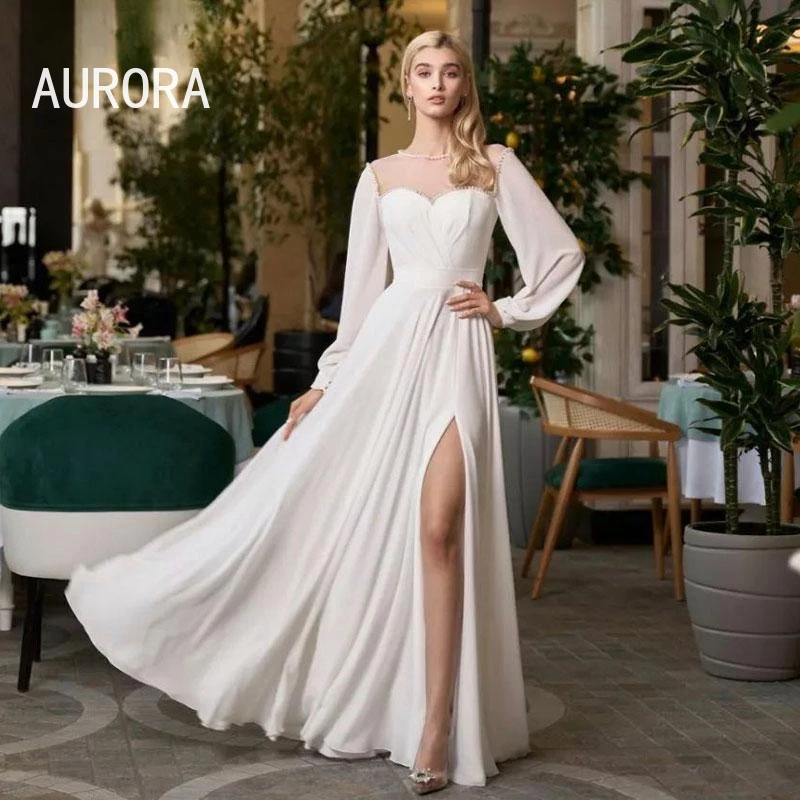 Moderne eine Linie Brautkleider Braut sexy High Split Chiffon Brautkleider lange Ärmel Vestidos de Novia Robe de Mariée schnüren