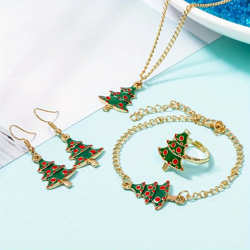 Christmas Jewelry Set 4PCS Drop Necklace Earrings Ring Holiday Party Gift