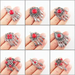 Fashion New Red Turquoise Stone Charms Flower Teardrop Crown Shield Tibetan Silver Plated Tassels Pendants Retro