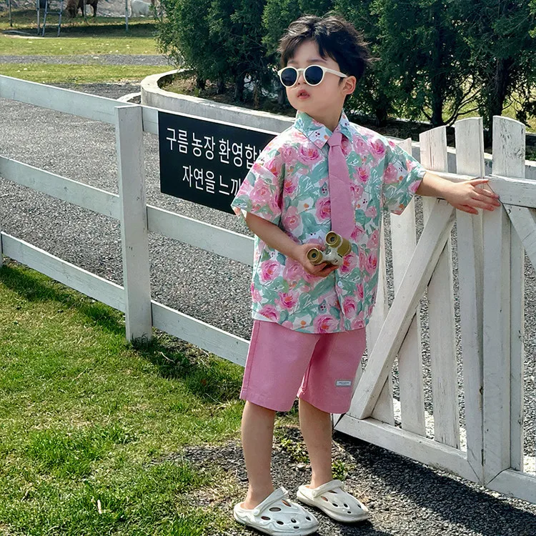 Set 2026 Spring Summer New Children's Wear Boys and Girls Holiday Short Sleeve Flower Shirt Shorts Dress Brother and Sister