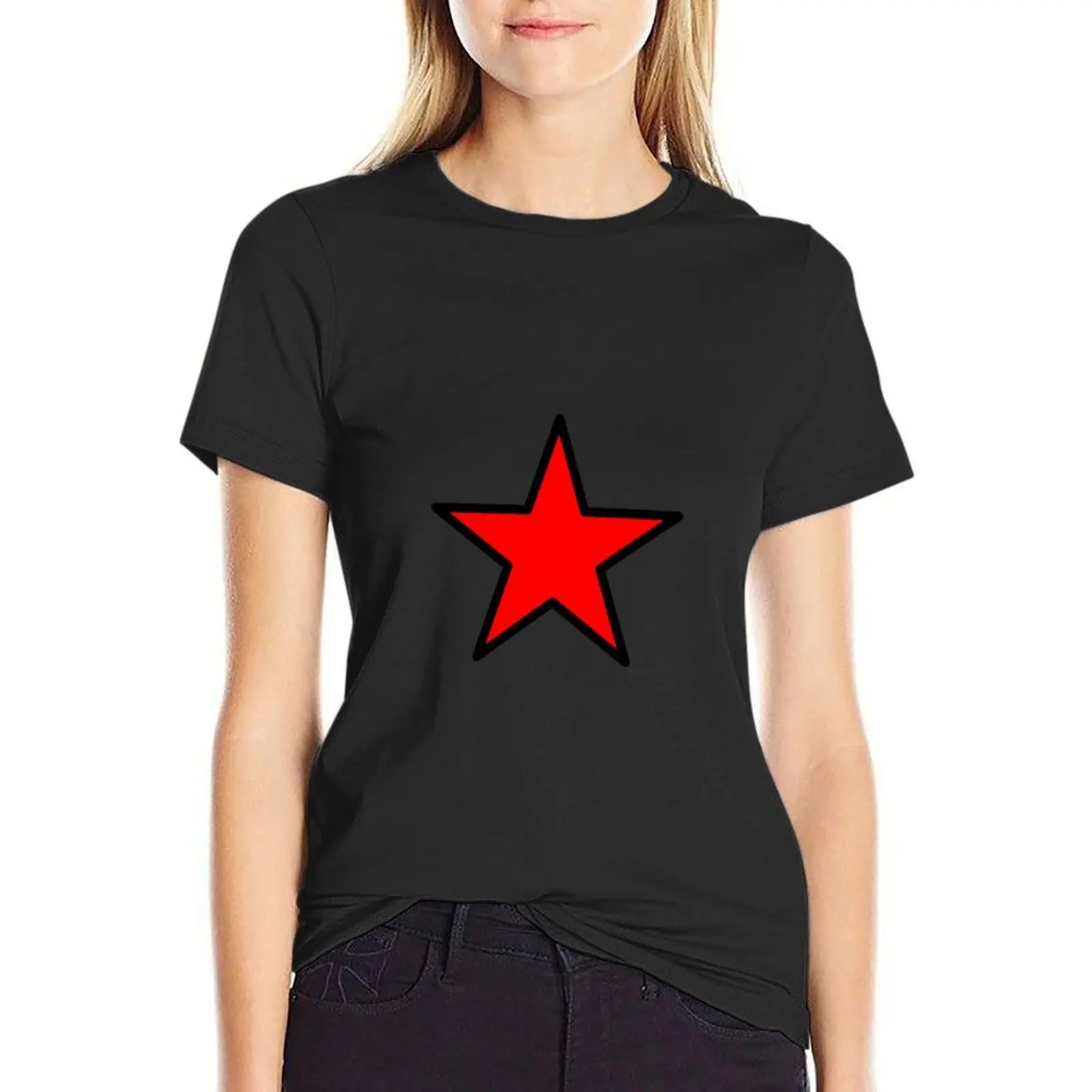 Camiseta de borda preta estrela vermelha feminina, moda coreana, camiseta manga curta, blusas de verão, 2020, 2024