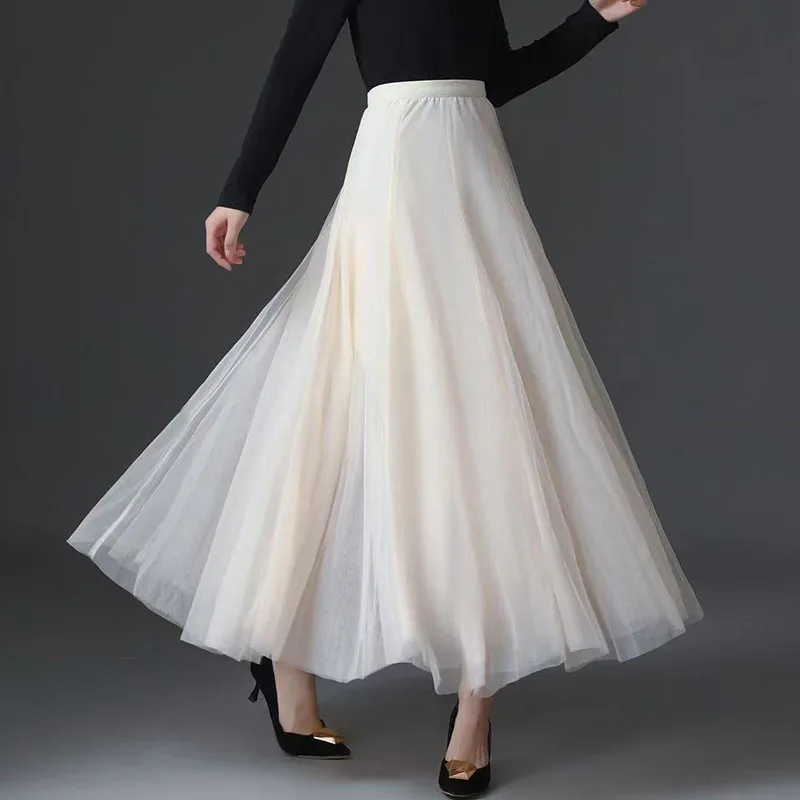 Summer New Vintage Tulle Skirt Women Streetwear Elastic High Waist Mesh Pleated Skirts Elegant Korean A Line Office Ladies Skirt