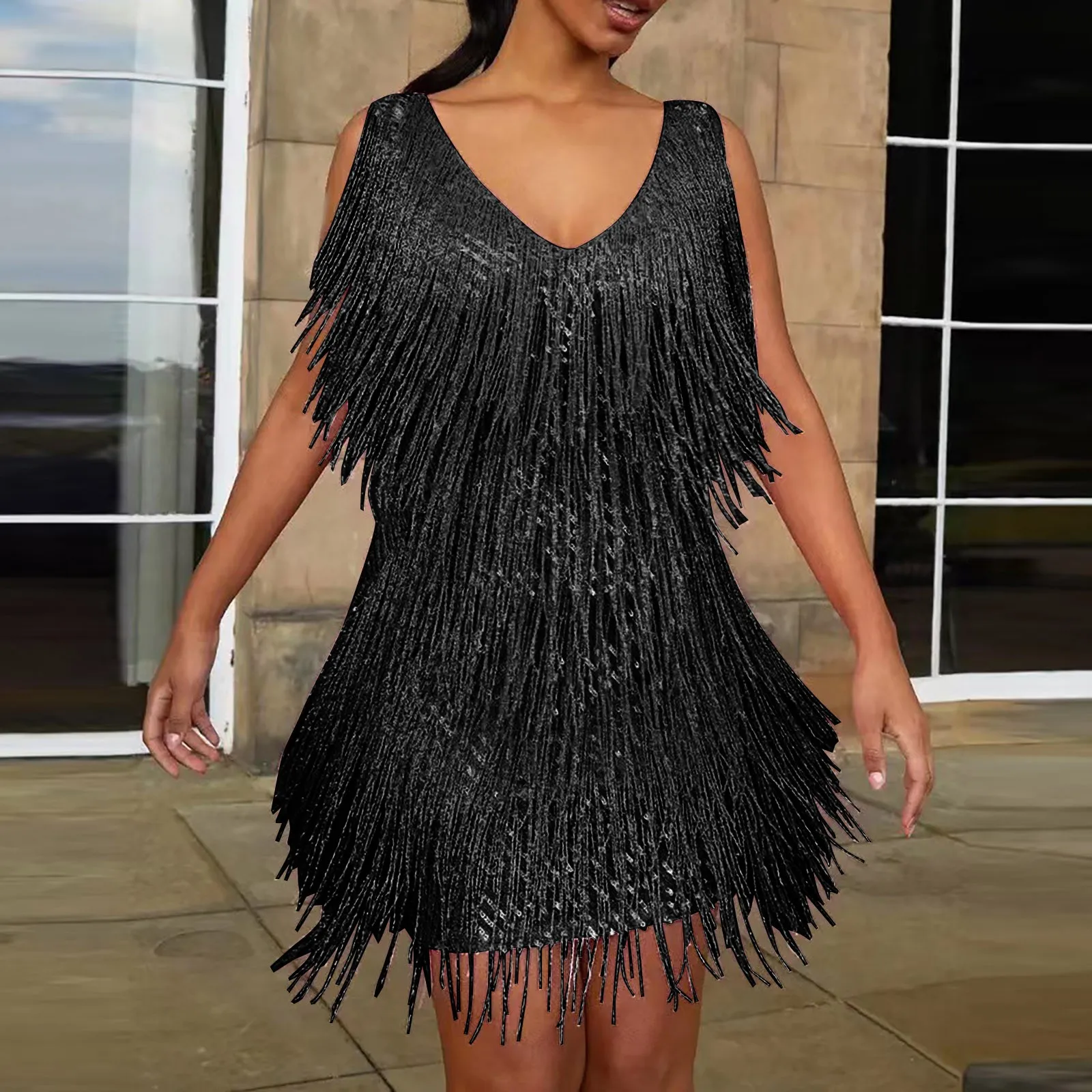 Women Sling Sequined Evening Dress Luxury Sleeveless V Neck Tassels Club Party Summer Short Dress Luxury vestidos para mujer