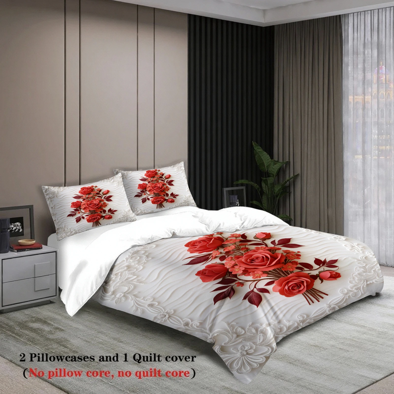 Elegant Rose Embroidered Bedding Set White Floral Pattern Bedding With Duvet Cover & Pillowcases For Bedroom Decor