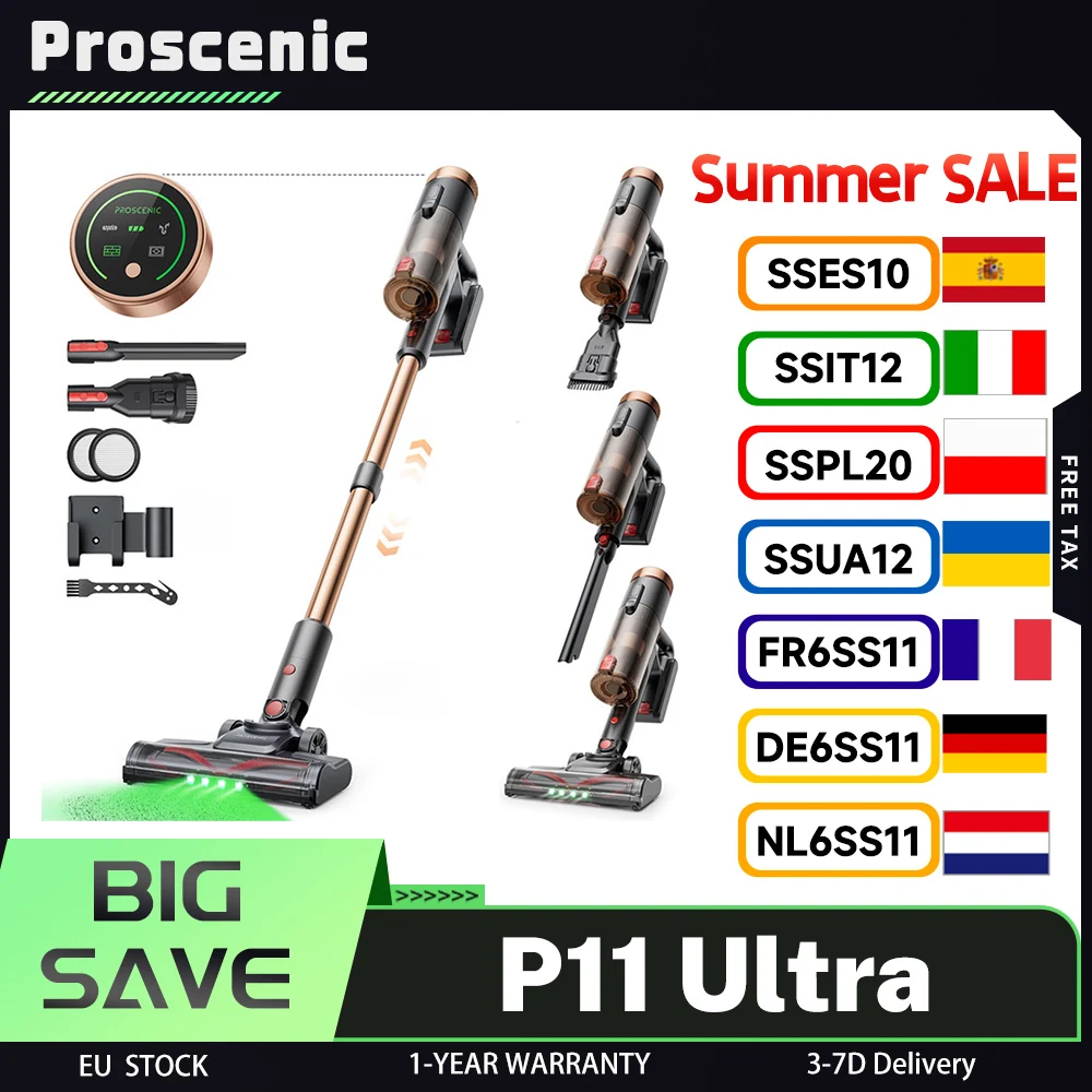 Aspirateur sans fil Proscenic P11 Ultra, filtration � 4 couches, aspiration de 40 kPa, autonomie de 40 minutes, brosse anti-emm�lement, lumi�re LED verte