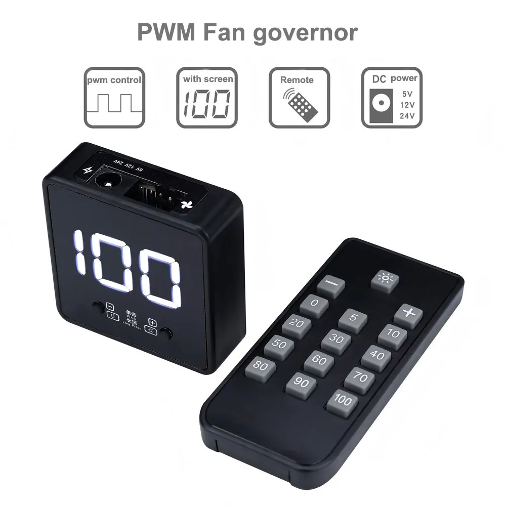 Angitu 4Pin Fan PWM Speed Controller Digital Display Remote Control DC/Type C PD QC Power 24V 12V 5V Controller Gonvernor