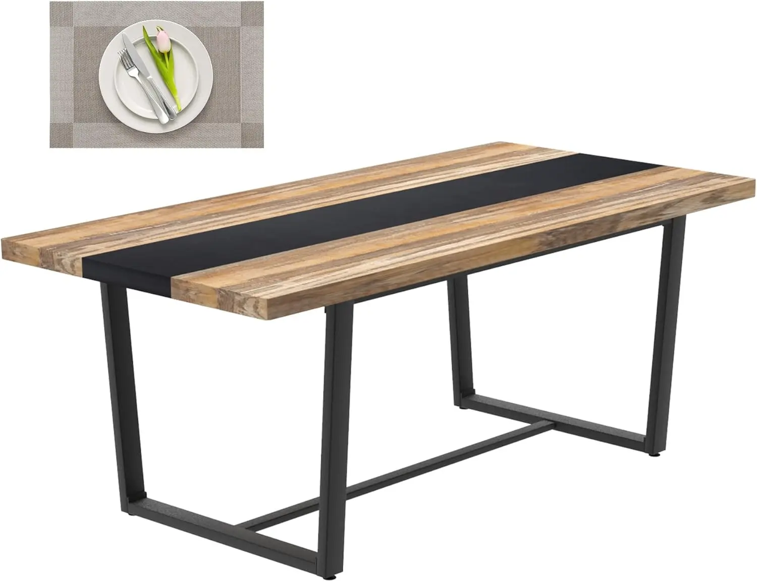 

71"" 6Ft Large Dinner Table For 6 8 Seat Dining Room Table, Rectangular Farmhouse Modern Kitchen Long Bla & Brown Industrial