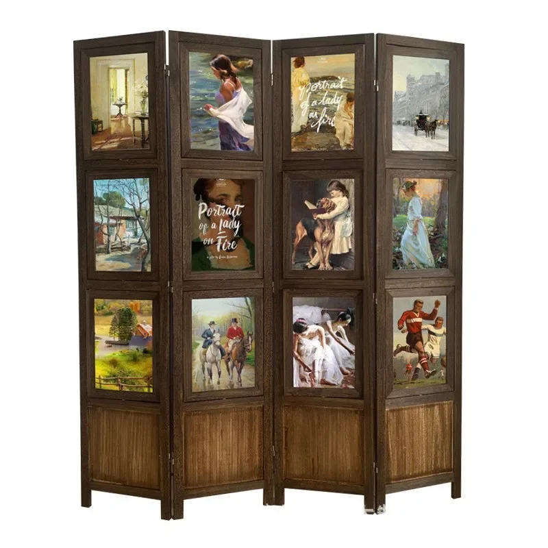 Chinese Retro Solid Wood Folding Photo Frame Screen Wooden Background Wall Partition Window Porch Decorative Photography Prop