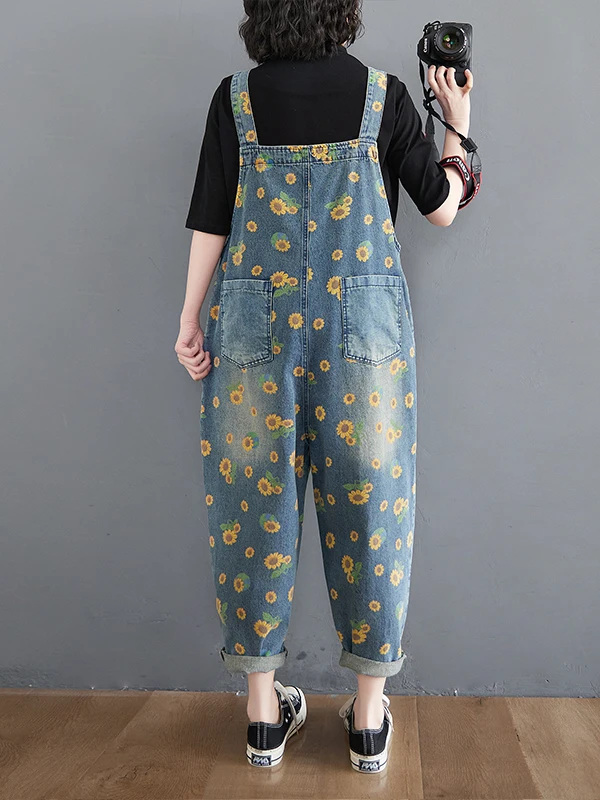 Retro Artistic Denim Overalls Women's Spring Autumn plus Size Slimming One-Piece Pants High Waist Nine-Piece Other Material