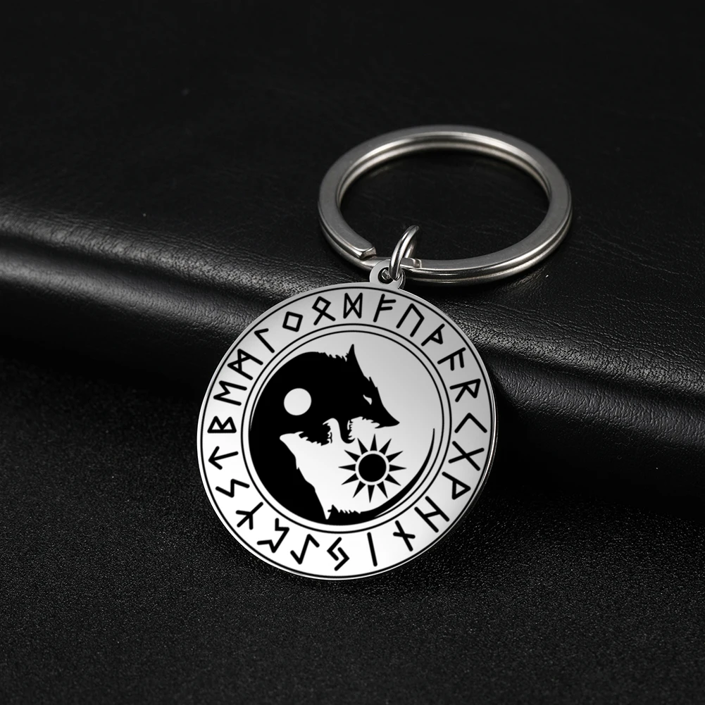1pc Viking Runes Wolf Car Keychain Yin Yang Pendant Protector Stainless Steel Accessories Gift Wholesale