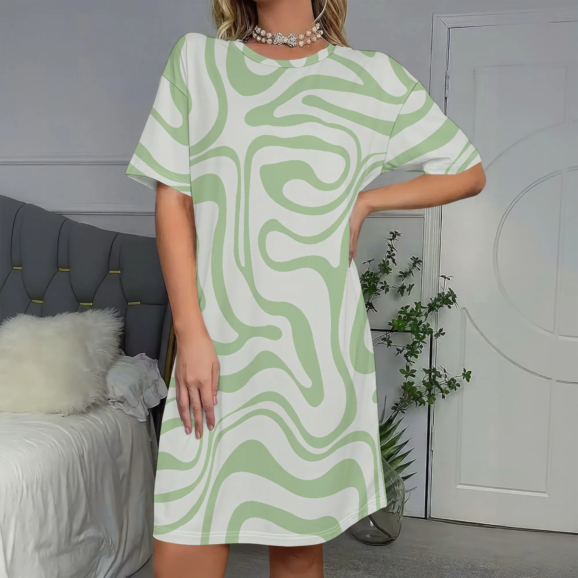 

Abstract Print, T-Shirt Dress, Green Swirls, Casual Wear, Summer Style, Women's Fashion, S-2XL