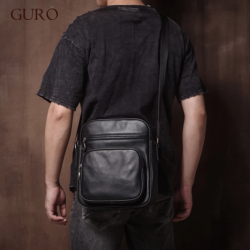 

GURO Men's Genuine Leather Shoulder Bag Luxury High Quality Crossbody Bag Natural Cowhide Business Messenger Bags 11 Inch Ipad