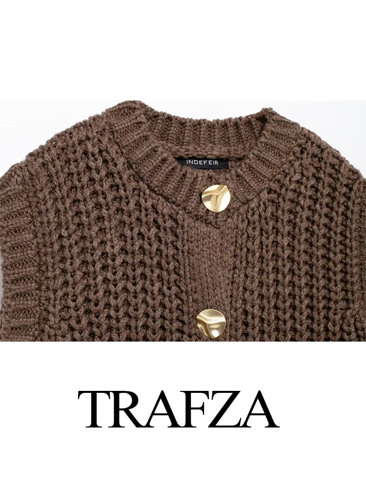 TRAFZA Women\'s Fashion Casual Sweater Retro Brown O-neck Sleeveless Pocket Single-breasted Women\'s Autumn Casual Cardigan Y2K