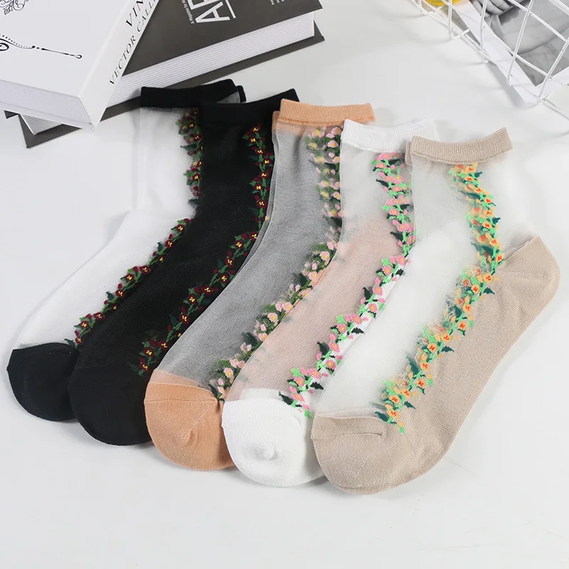 5 Pairs/Lot Women's Thin Socks Summer Japanese Fashion Ladies Lolita Plant Flowers Glass Silk Cool Breathable Calcetines Mujer