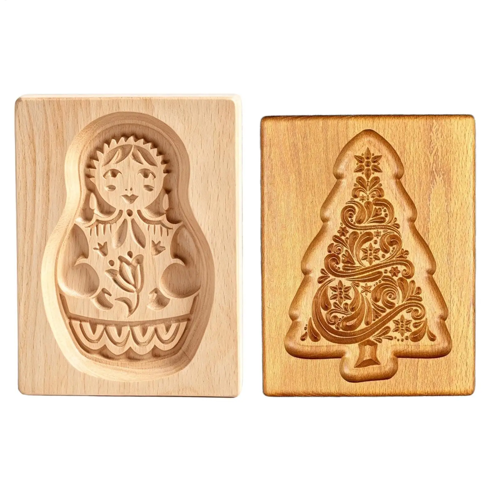 Wooden Cookie Molds for Christmas DIY 3D Engraved Embossed Biscuit Gingerbread Cutter Moulds Xmas Tree Reindeer Santa Claus