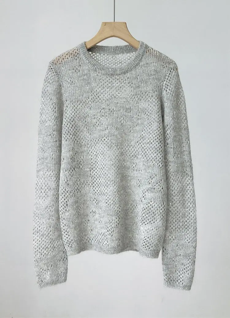 Intricate Knit Pullover: Wool-Mohair Blend With Metallic Thread, Sequins, And Openwork Detailing