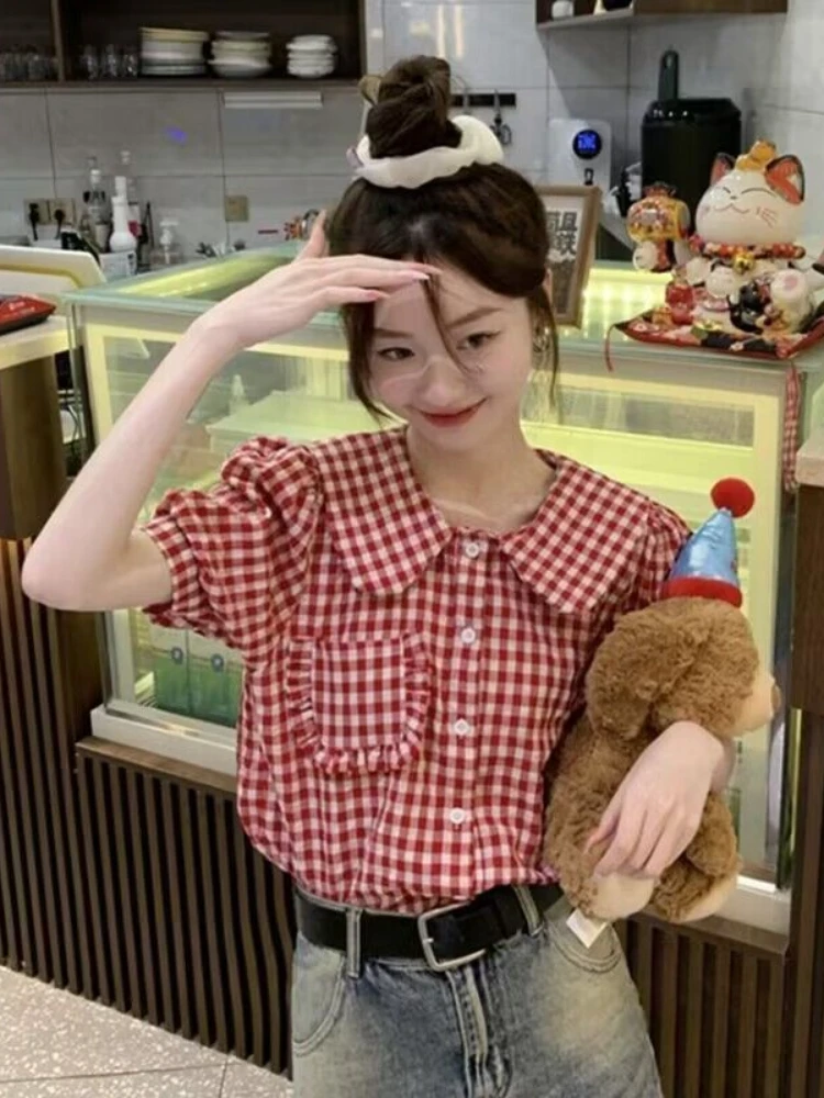 

Французская винтажная рубашка с короткими рукавами, женская новая летняя маленькая рубашка, темпераментная рубашка с кукольным воротником, блузка, блузка