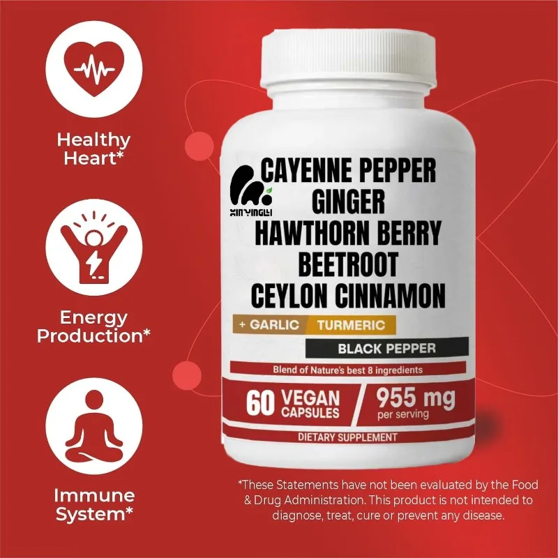 Cayenne chili capsules contain extracts of garlic, ginger, hawthorn, turmeric, cinnamon, beetroot,  black pepper -60 capsules