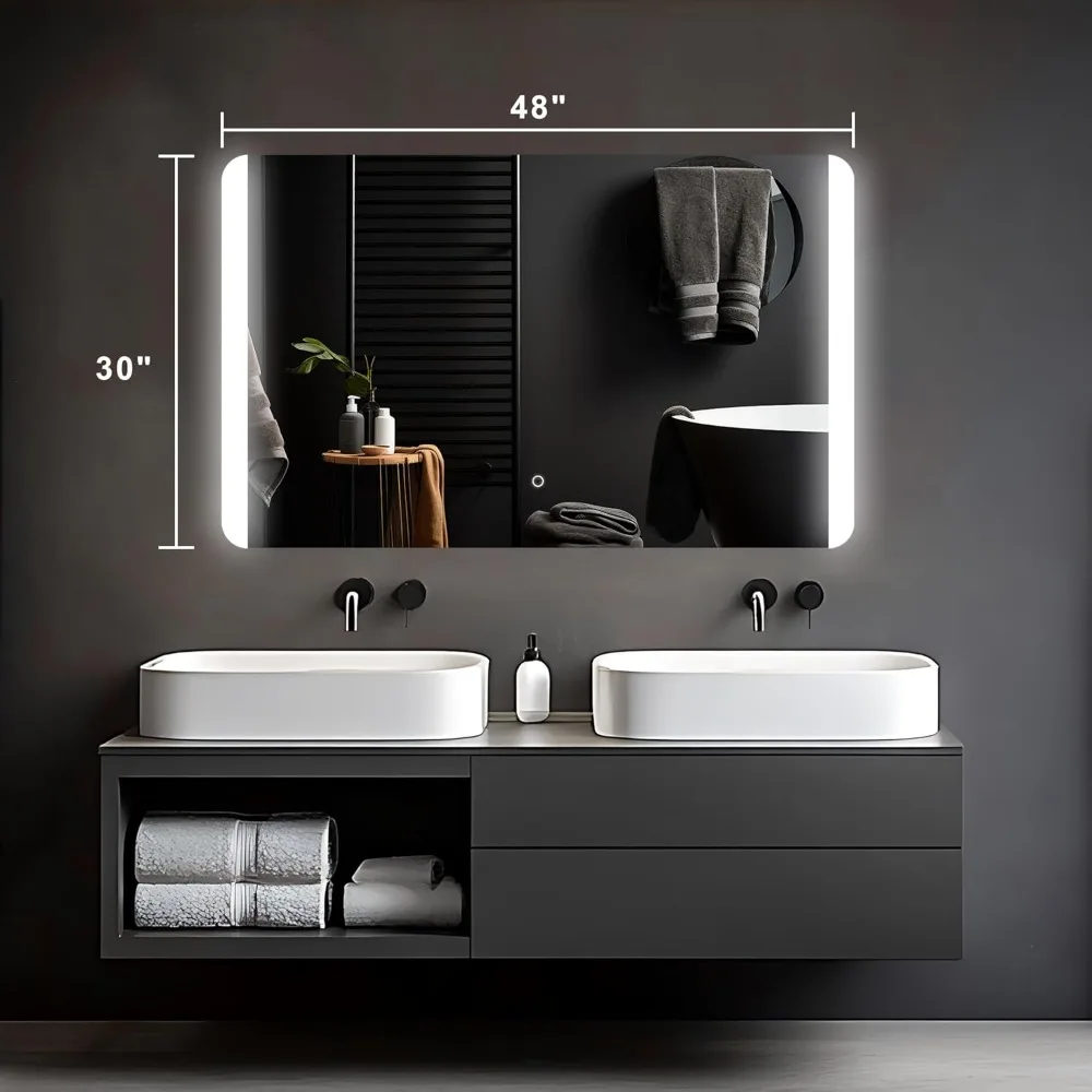 Espejo de baño LED retroiluminado rectangular con esquinas redondeadas, espejo de tocador sin marco regulable e resistente a roturas