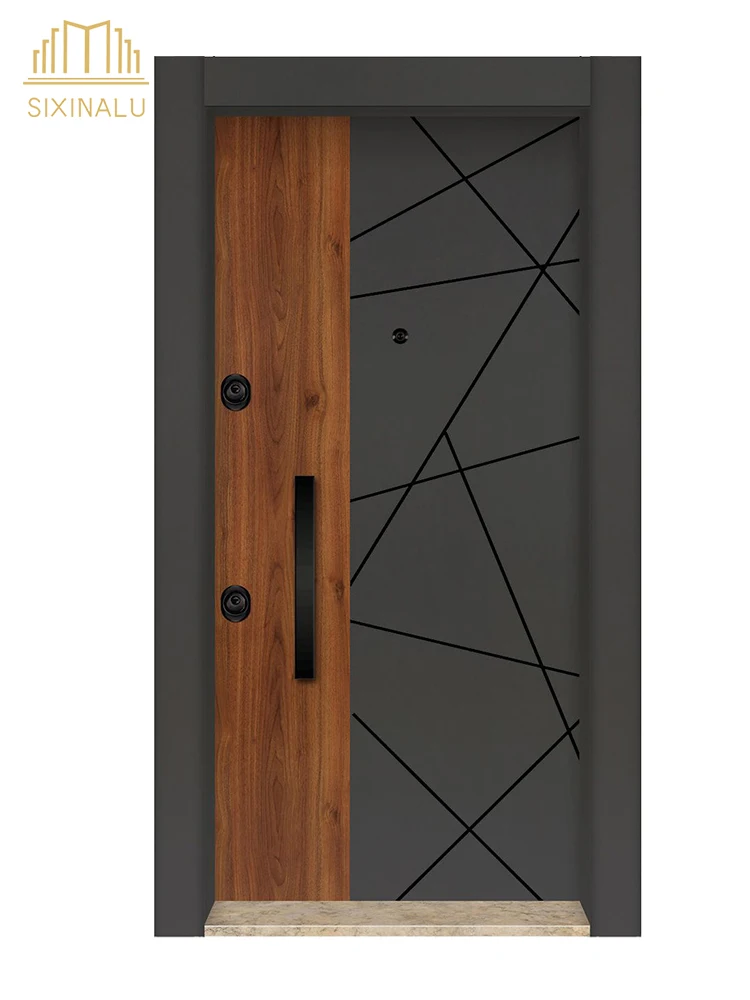 Sixinalu House Entry Doors Wood Grain Main Front Exterior Entrance Door Casement Security Pivot Door Aluminum Home Decor Custom