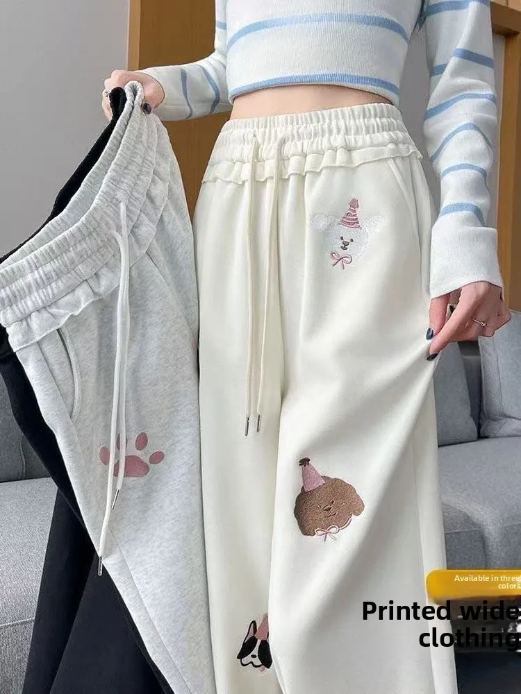 

Женские повседневные спортивные брюки с широкими штанинами и вышивкой в мультяшном стиле, утепленные флисом, для поездок на работу