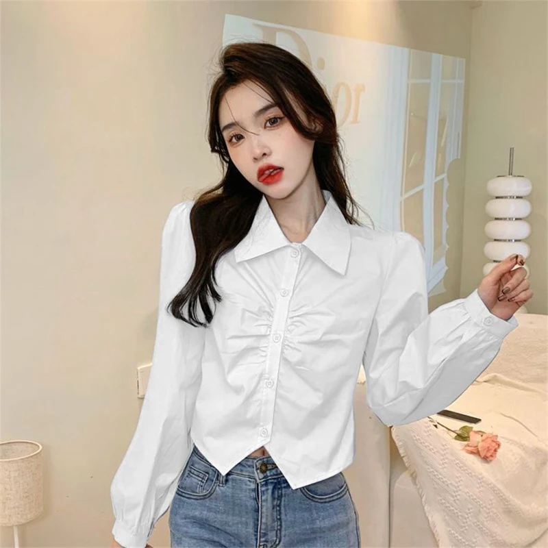

Summer Casual Korean Fashion Loose Buttons Single Breasted Solid Color Square Collar Long Sleeve Ink Youth Lively Bright Easy