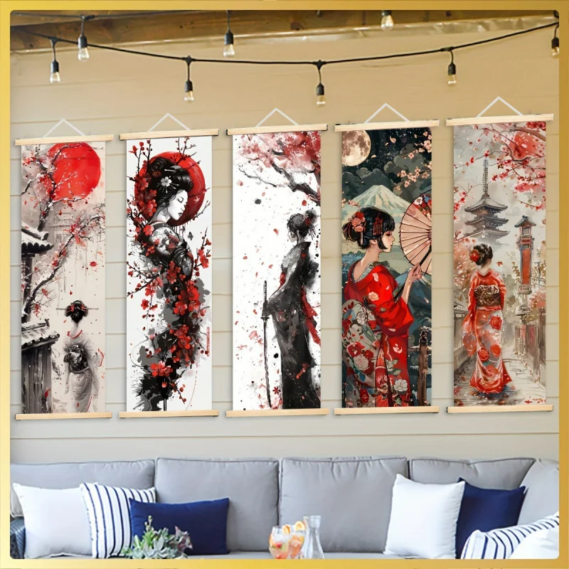 

Japanese Style Wall Art, Geisha Woman Sumi-e Ink Painting, Solid Wood Frame Canvas Print, Asian Home Decor