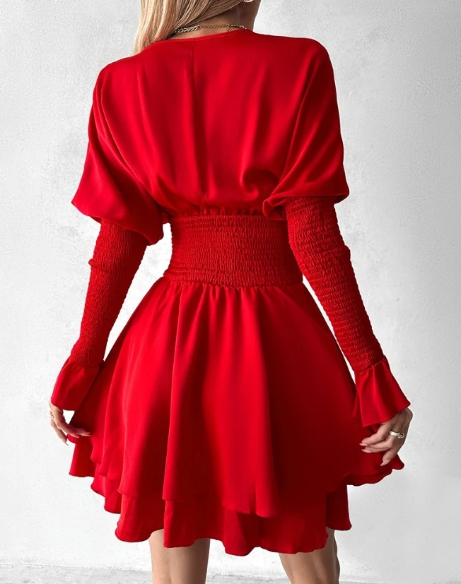 Fashion 2024 Women's Dress Elegant Bell Sleeve Shirred Layered Ruffles Casual  V-Neck Long Sleeve Dress High Waisted Mini Dress
