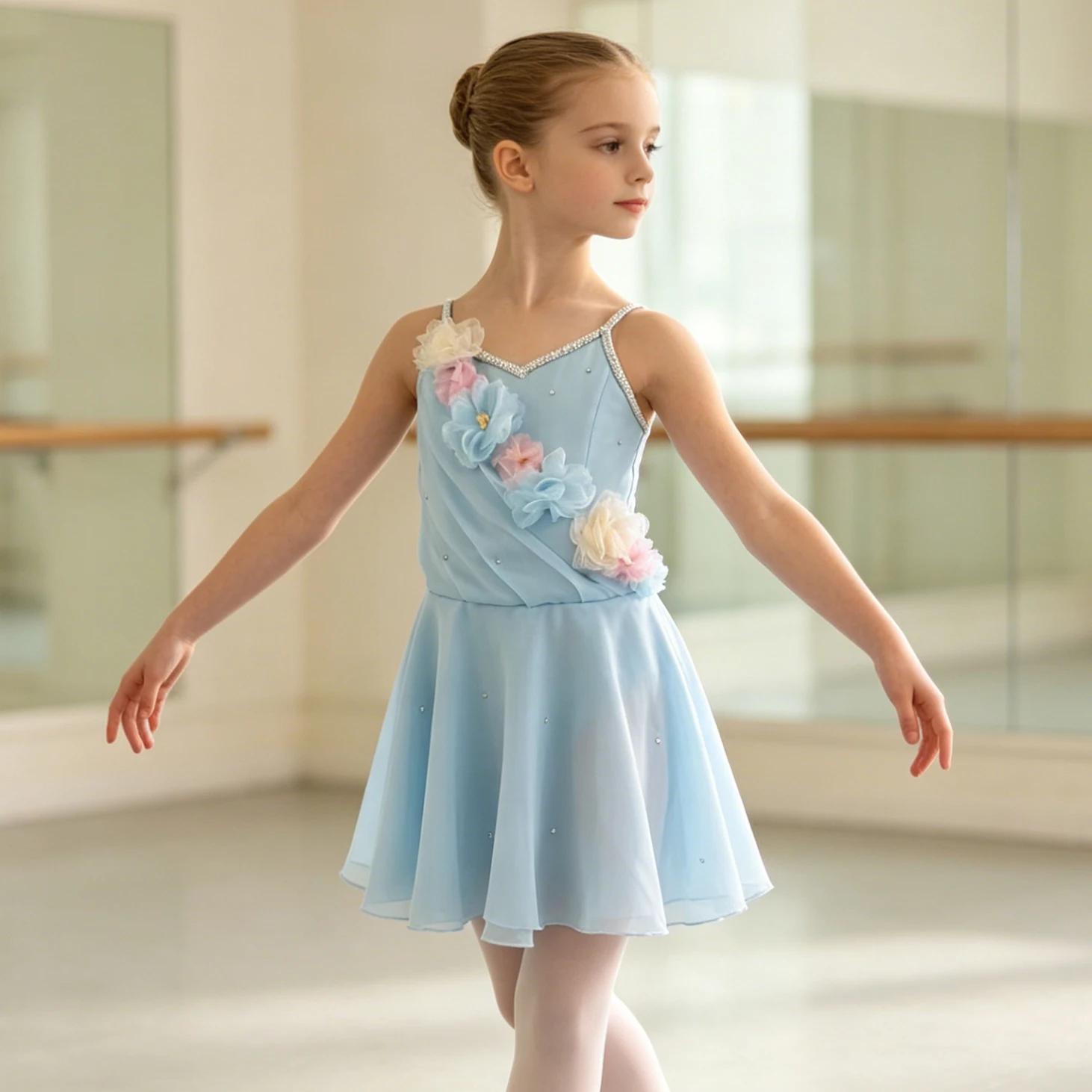 

Girls Professional Lyrical Soft Slip Floral Sequins Pleated Ballet Dress Stage Group Performance Kids Ballerina Dance Costume