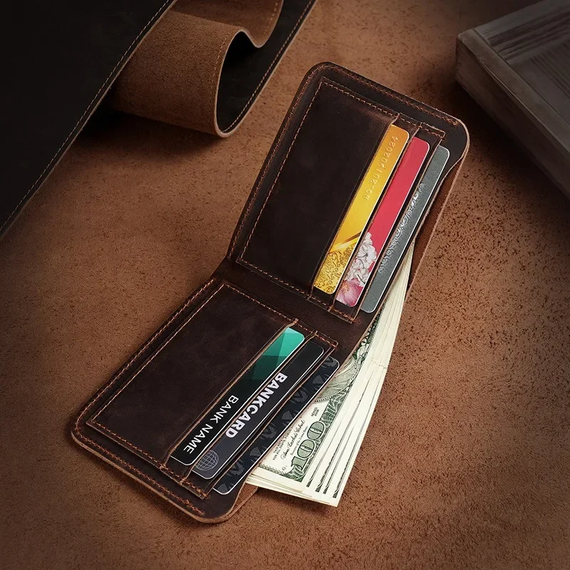 

Crazy Horse Leather Men's Wallets Genuine Leather European and American Style Dollar Clip Short Top Layer Cowhide Wallet for Men
