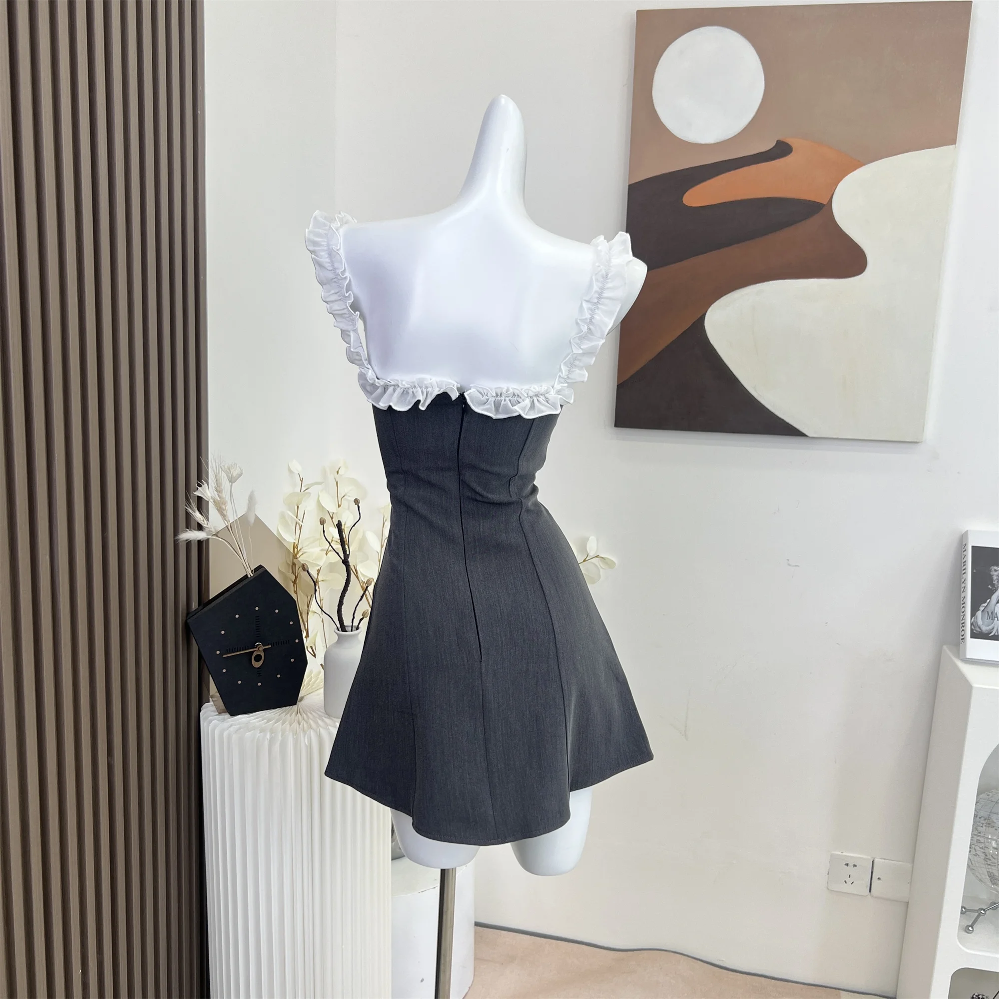 2024 New Women\'s Spring/Summer Cute Off Shoulder Sexy Dress Elegant Evening Party Splice Y2K Fashion Gray High Quality Skirt