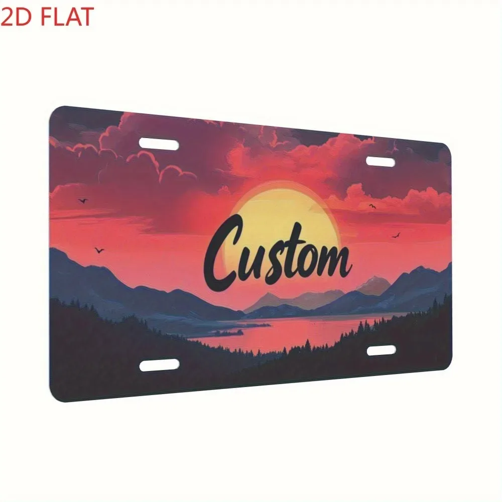 2D Flat Custom Photo Aluminum License Plate, Vivid Sunset Mountain Printed Art Plate, Birthday & Anniversary Gift, Decorative Us