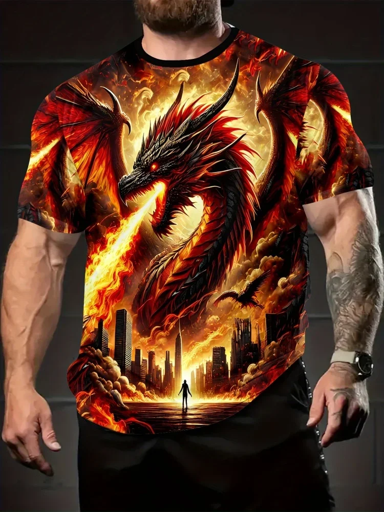 Vintage 3D-Drachenmuster Bedrucktes Herren-T-Shirt Sommer Streetwear Trend Hip-Hop Y2K Kleidung Tägliches Casual Tee Oberteil