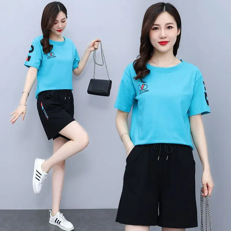 Women's Casual Short-sleeved Suit 2023 Summer New Plus Size Clothing Fashion Crop Tops Shorts Two Piece Set For Women Sweatshirt