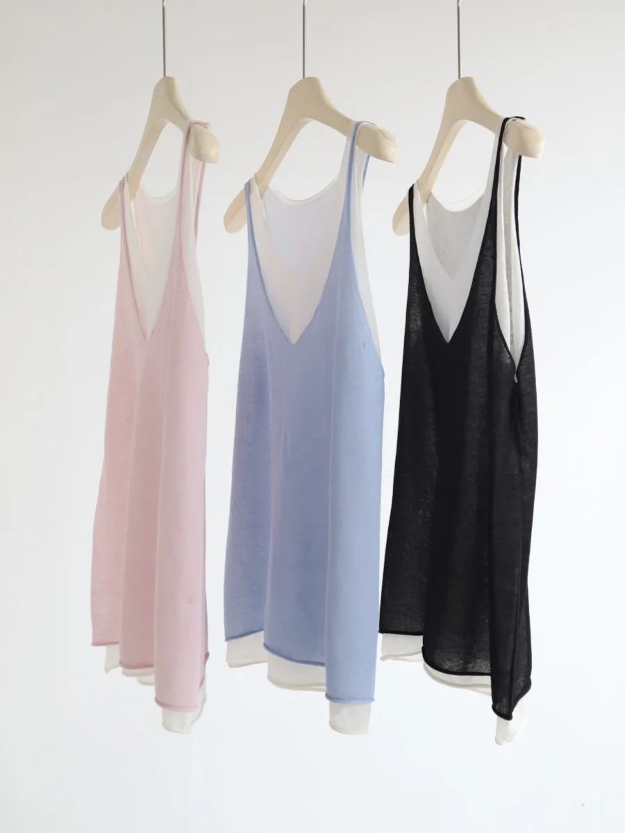 Dave&di Color Blocking Splicing Fake Two-piece Design Sense Adhesive Linen Knitted Vest Women's Summer Thin V-neck Sleeveless Ca