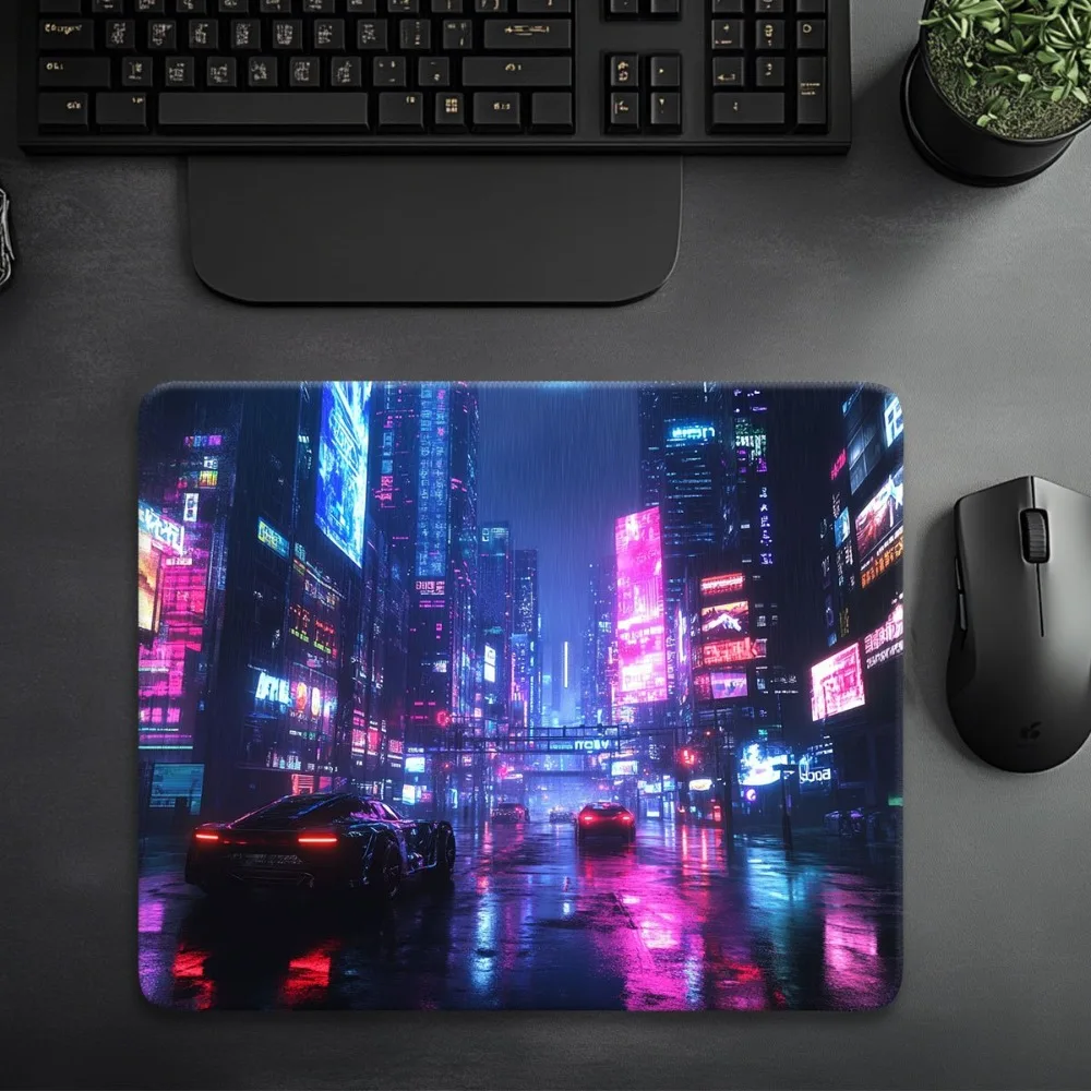 Cyberpunk Neon City Rainy Street Large Mouse Pad, Non-slip Gaming Desk Mat, Waterproof Keyboard Pad