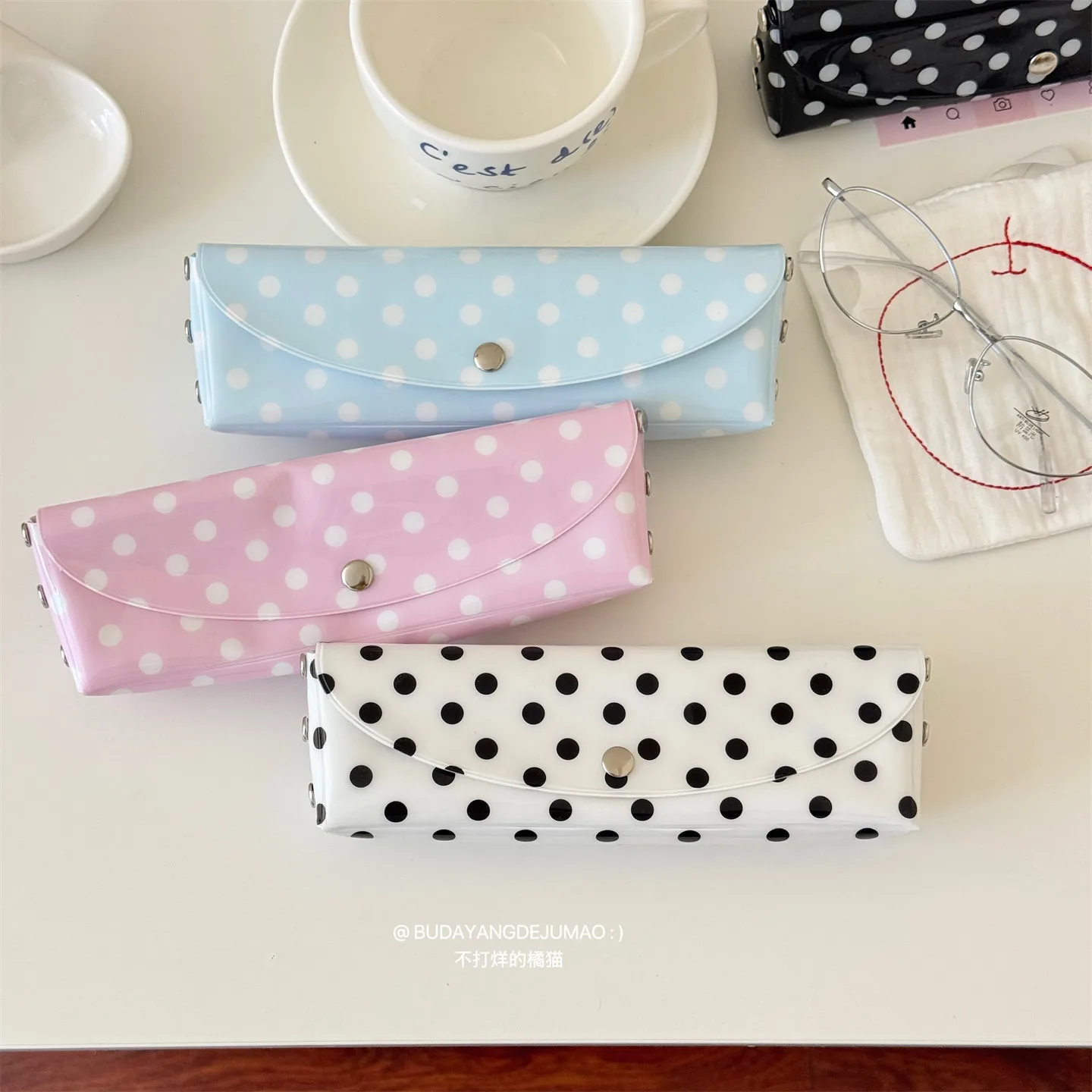 Korean Style Polka Dot Pencil Case Portable Snap Button PU Leather Waterproof Stationery Storage Bag Simple Multi Purpose Pouch