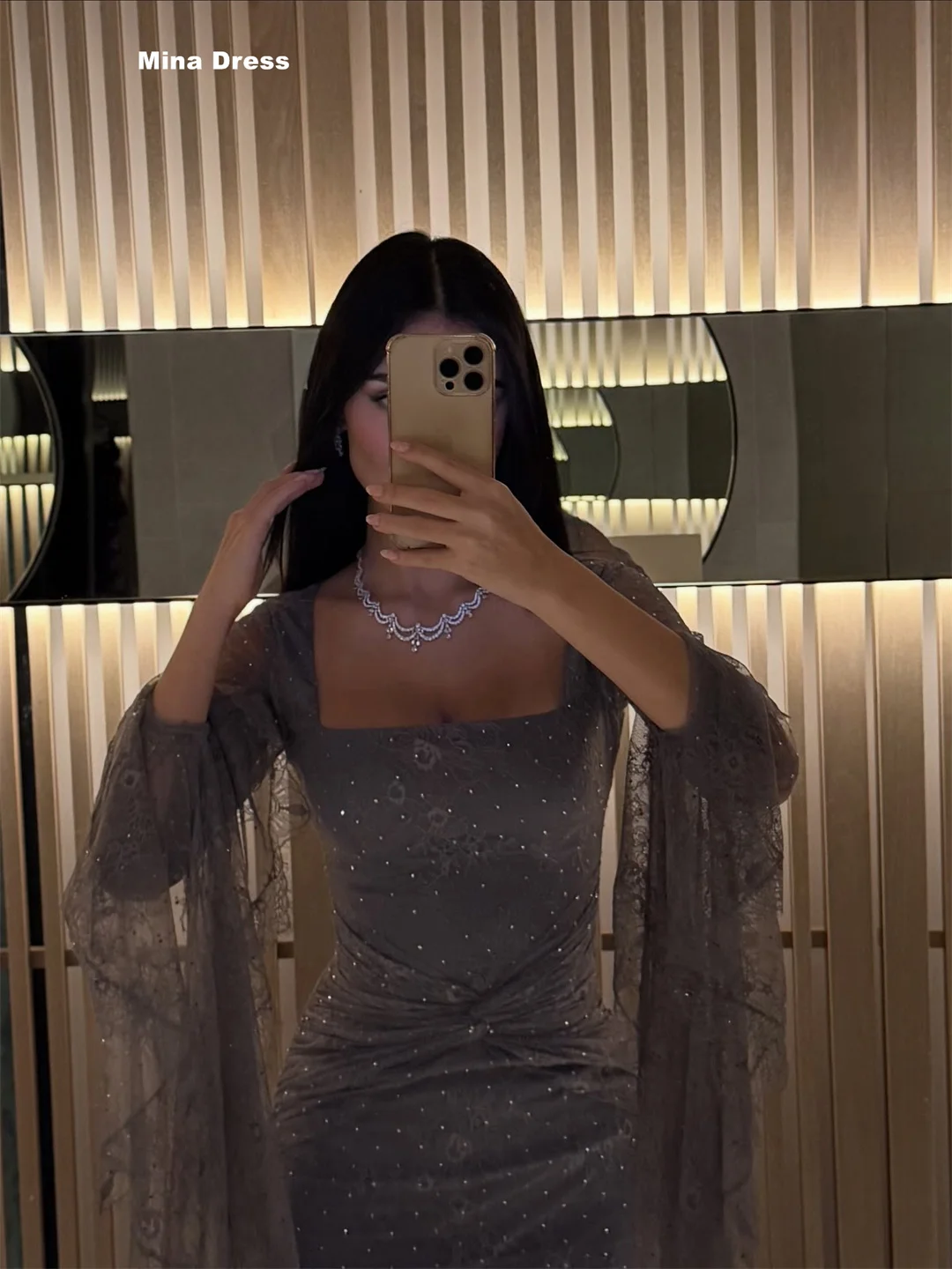Mina Customized Gray Luxury Party Dress Lace Embroidered Long Sleeves Luxurious Evening Dresses for Special Occasions Elegant