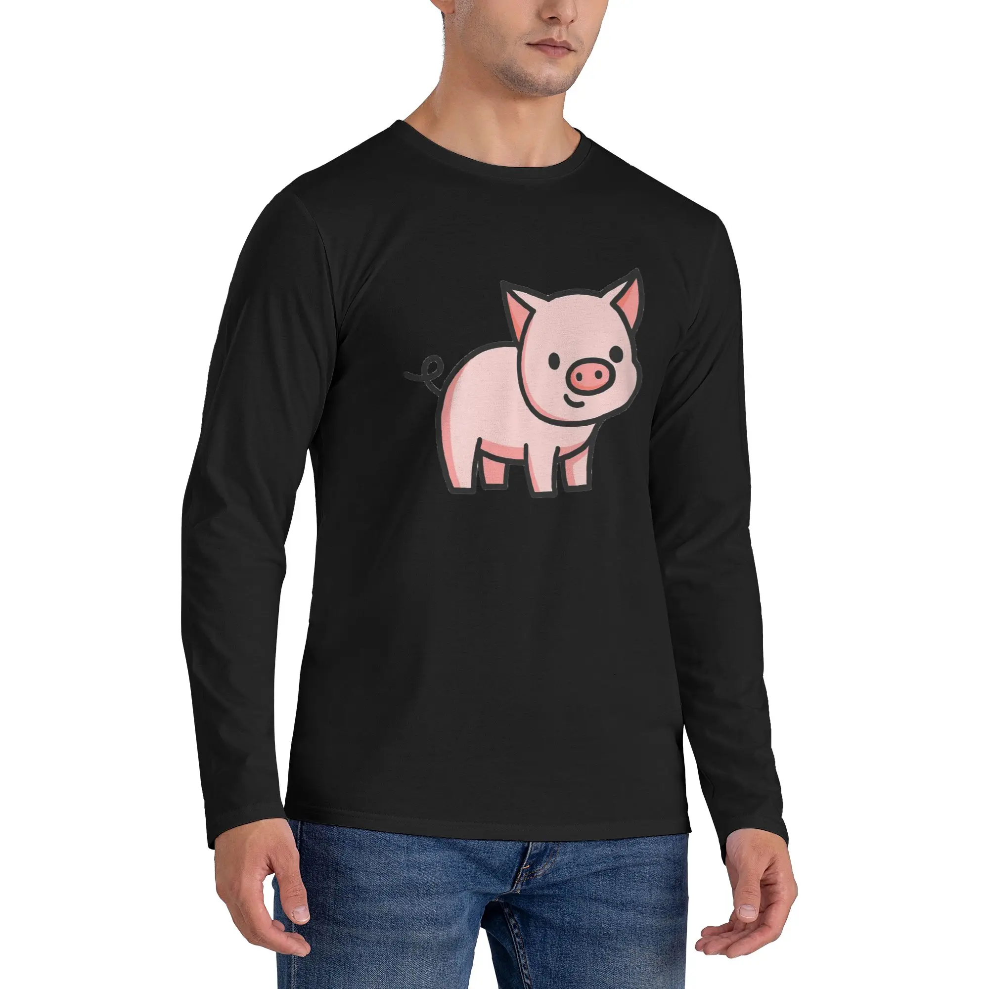 

Pig Men's Long Sleeved T-shirt Casual Round Neck T shirts Spring and Autumn Men tops